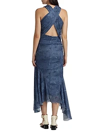 Marl Mesh Ruched Crossover Midi-Dress