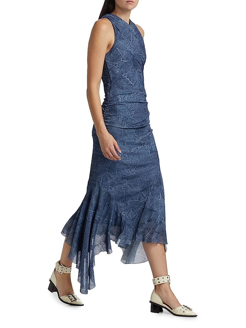 Marl Mesh Ruched Crossover Midi-Dress