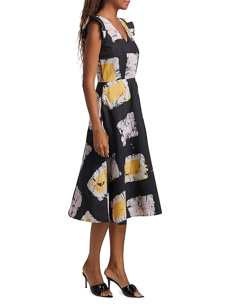 Wura Geometric Cotton Cap-Sleeve Midi-Dress