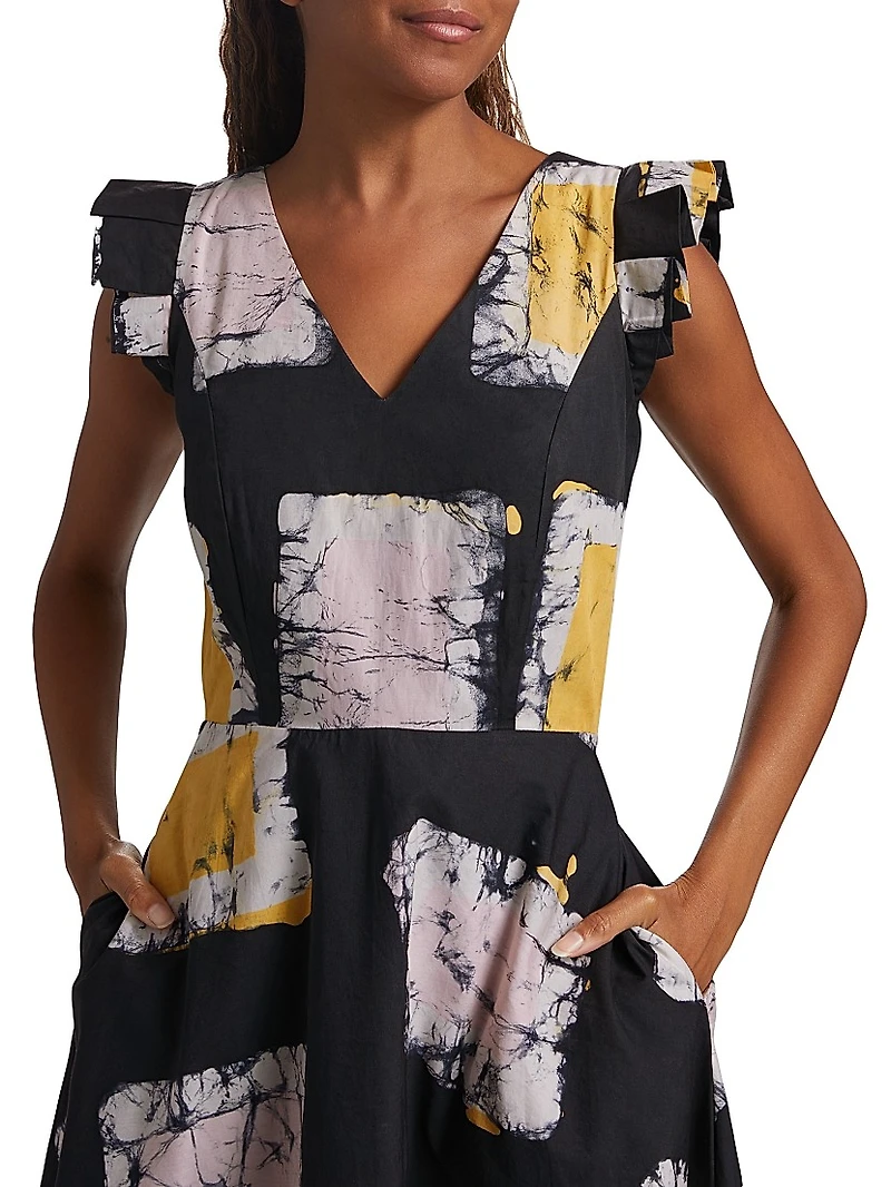 Wura Geometric Cotton Cap-Sleeve Midi-Dress