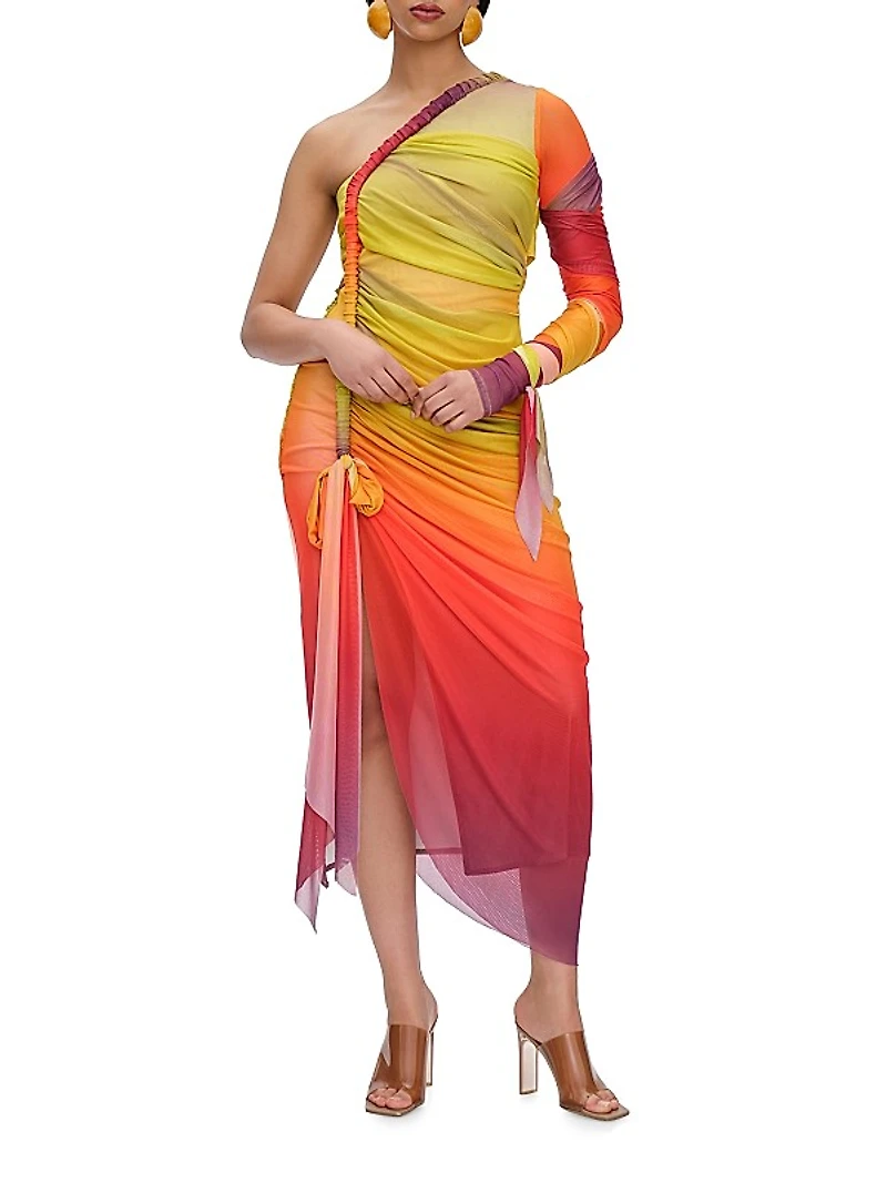 Turi Ombré Mesh One-Shoulder Midi Dress