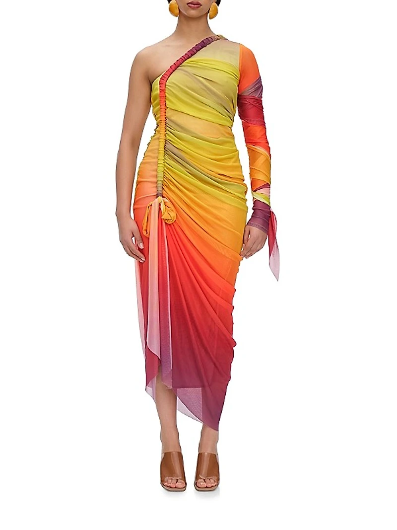 Turi Ombré Mesh One-Shoulder Midi Dress