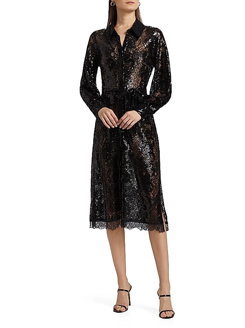 Frida Embellished Lace Button-Front Midi-Shirtdress