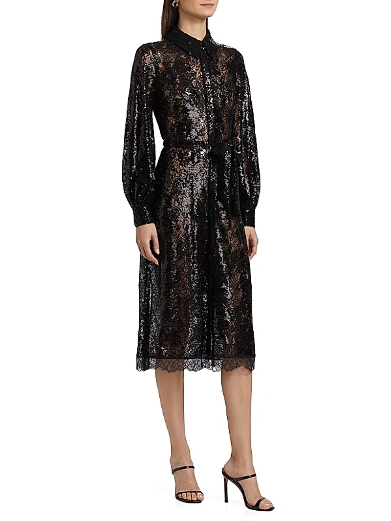Frida Embellished Lace Button-Front Midi-Shirtdress