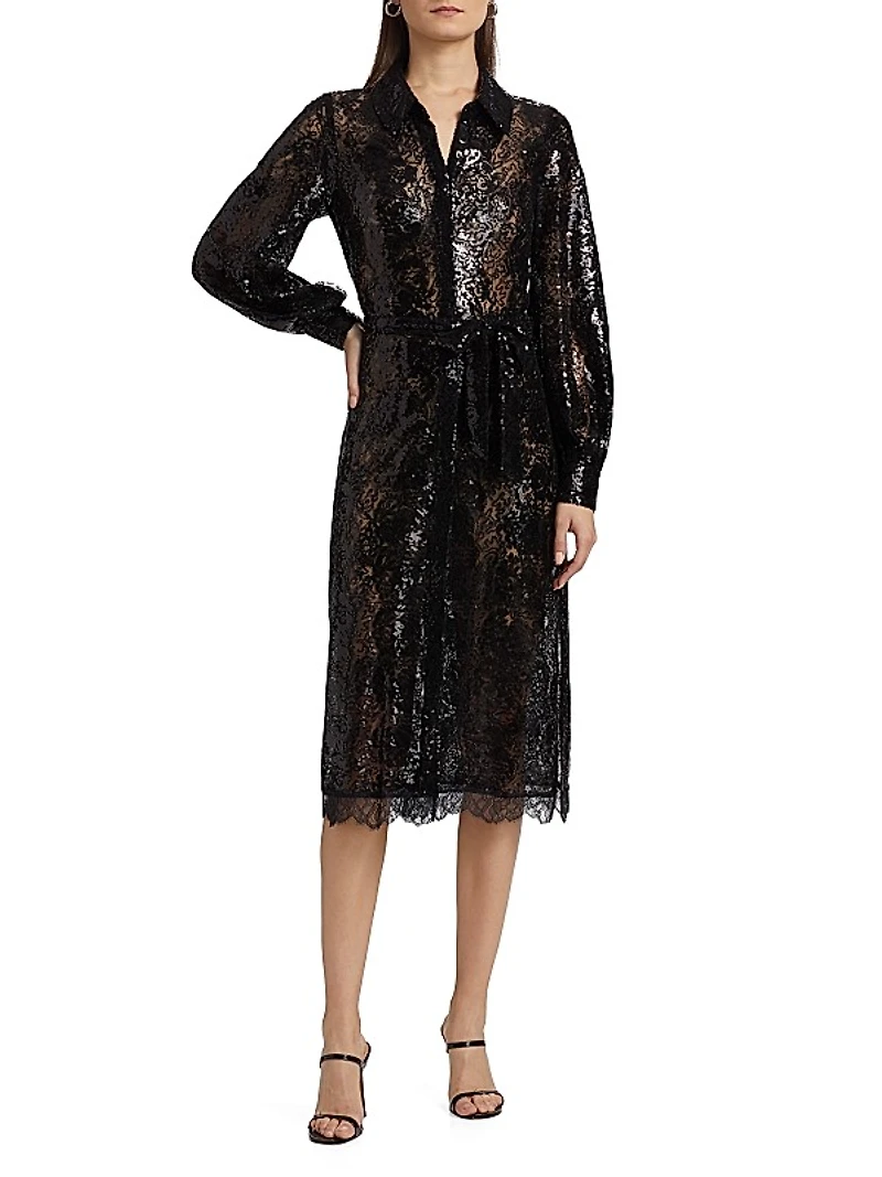 Frida Embellished Lace Button-Front Midi-Shirtdress