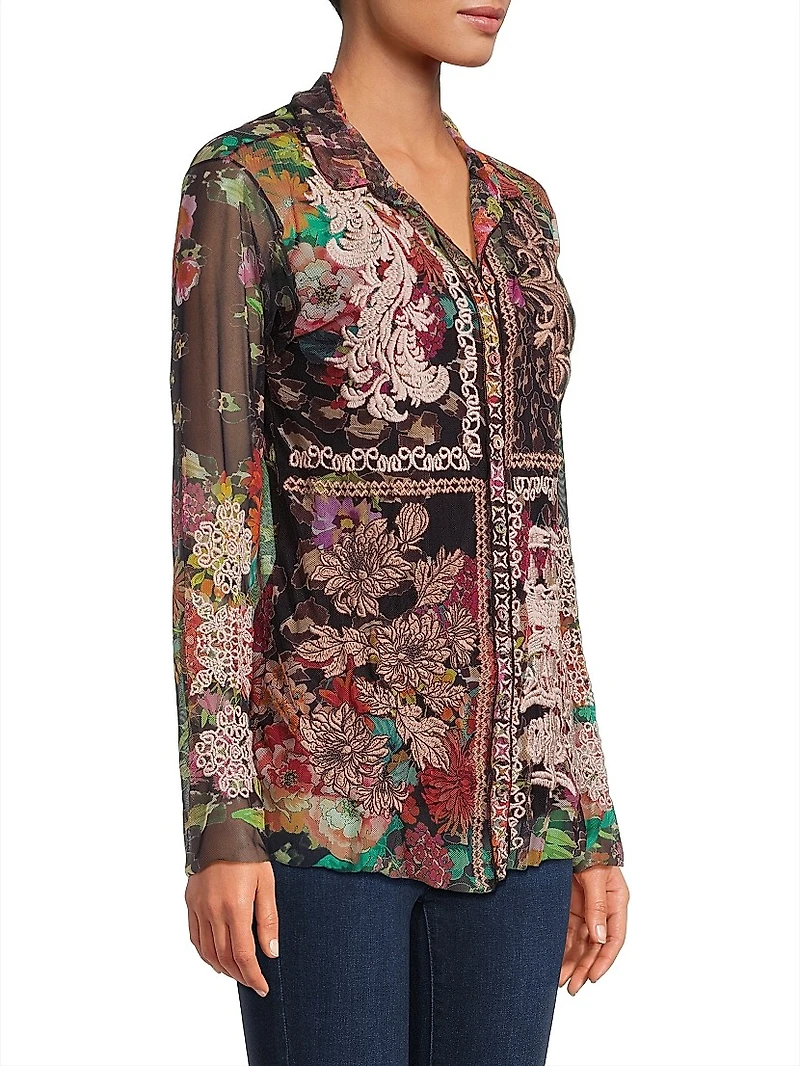 Mazzy Embroidered Floral Button-Front Blouse