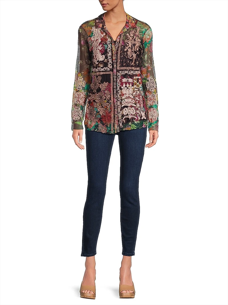 Mazzy Embroidered Floral Button-Front Blouse