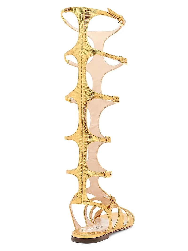 Laminated Printed Lizard Leather Knee-High Sandals