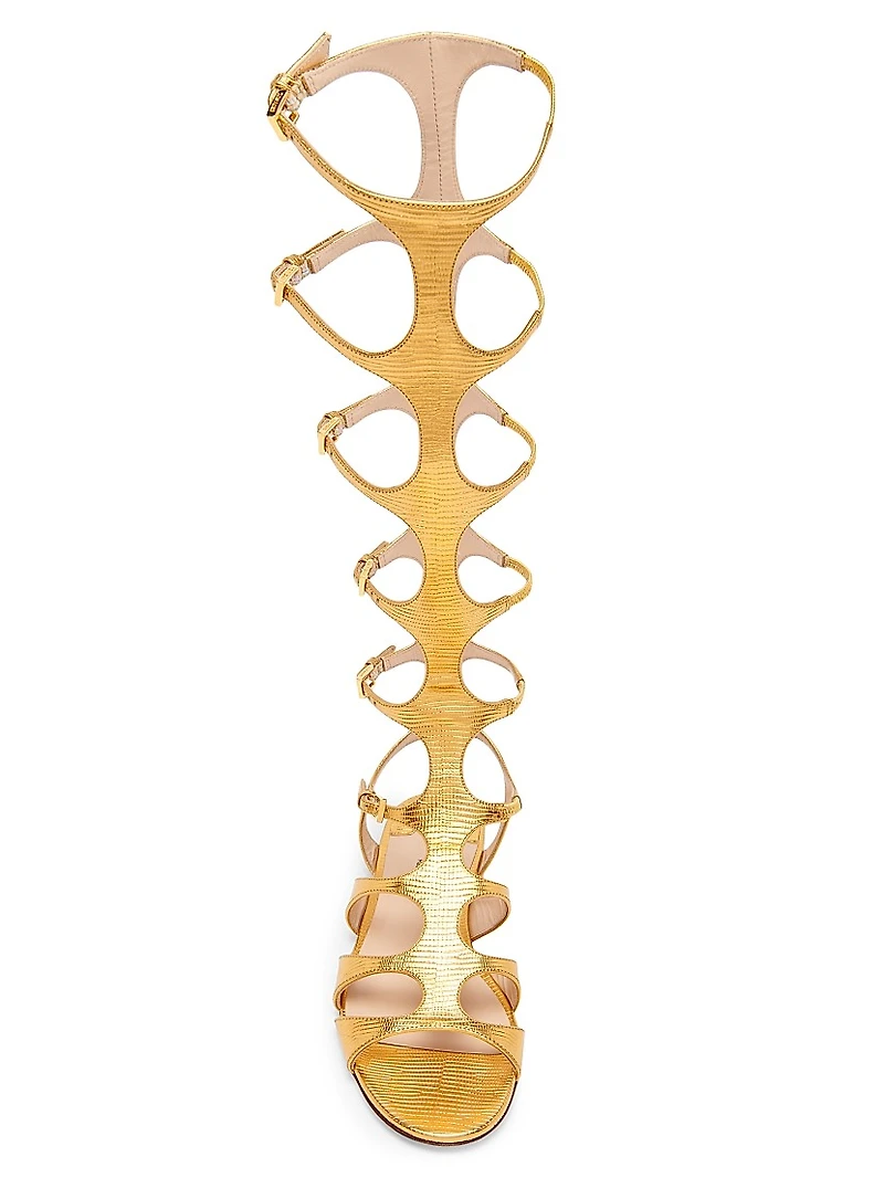 Laminated Printed Lizard Leather Knee-High Sandals