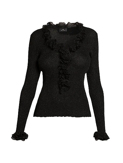 Frill Metallic Rib-Knit Sweater