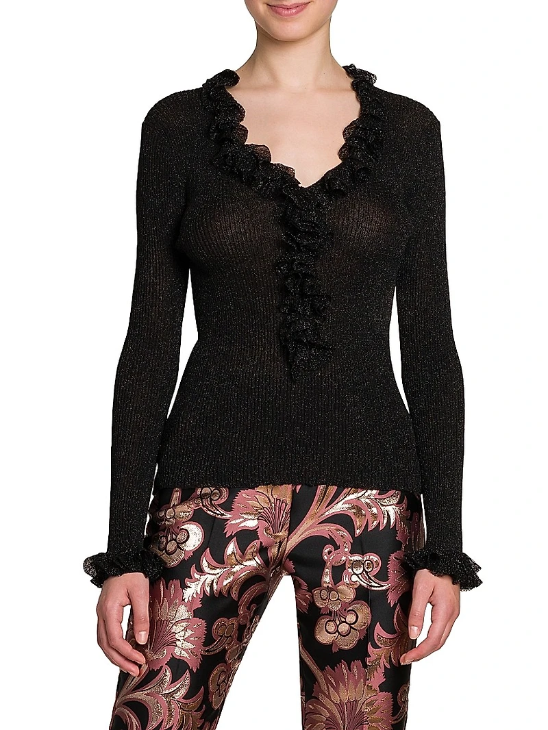 Frill Metallic Rib-Knit Sweater