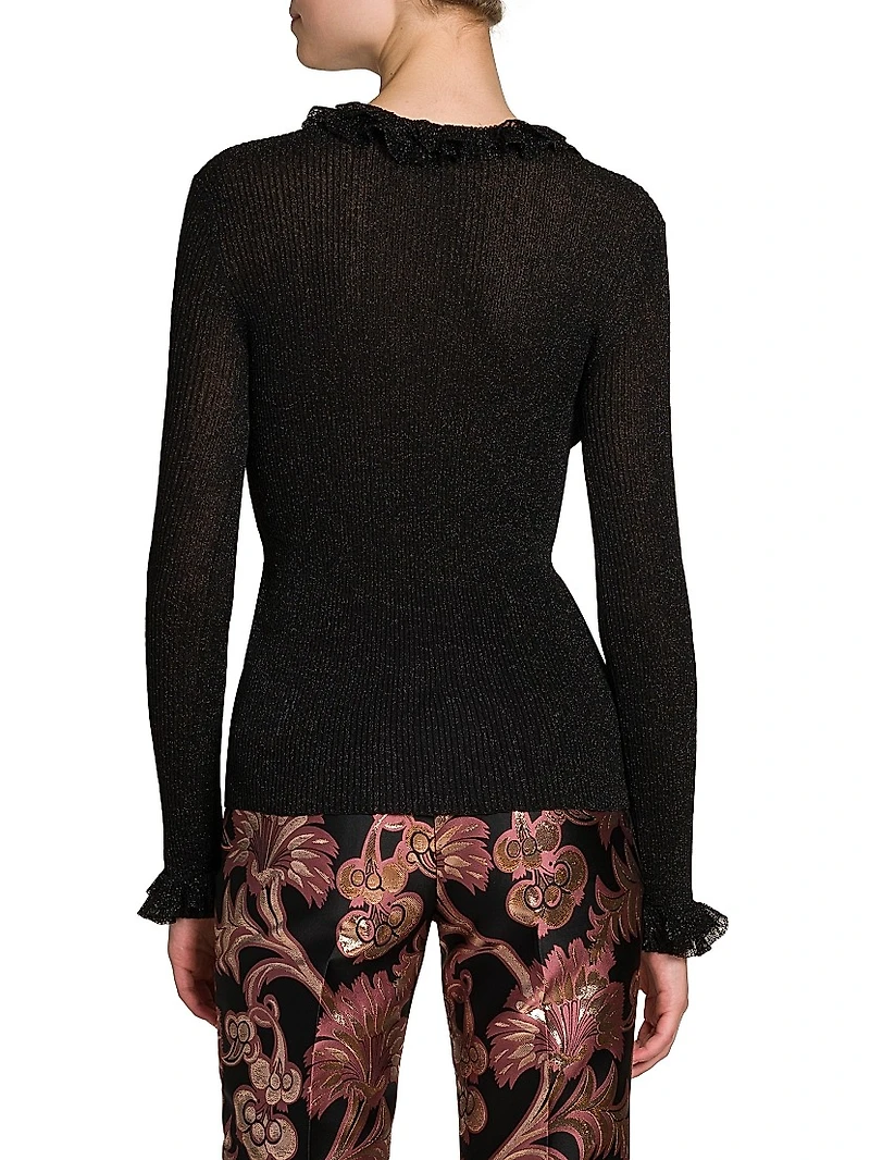 Frill Metallic Rib-Knit Sweater