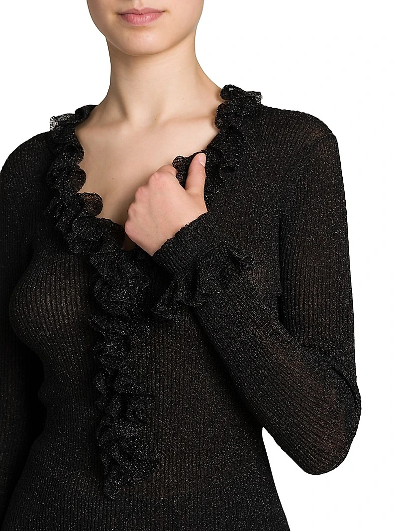 Frill Metallic Rib-Knit Sweater
