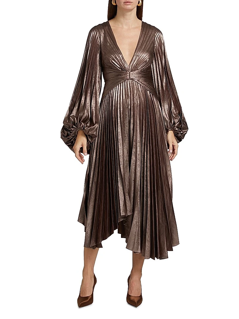 Palms Pleated Satin Midi-Dress