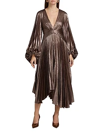 Palms Pleated Satin Midi-Dress