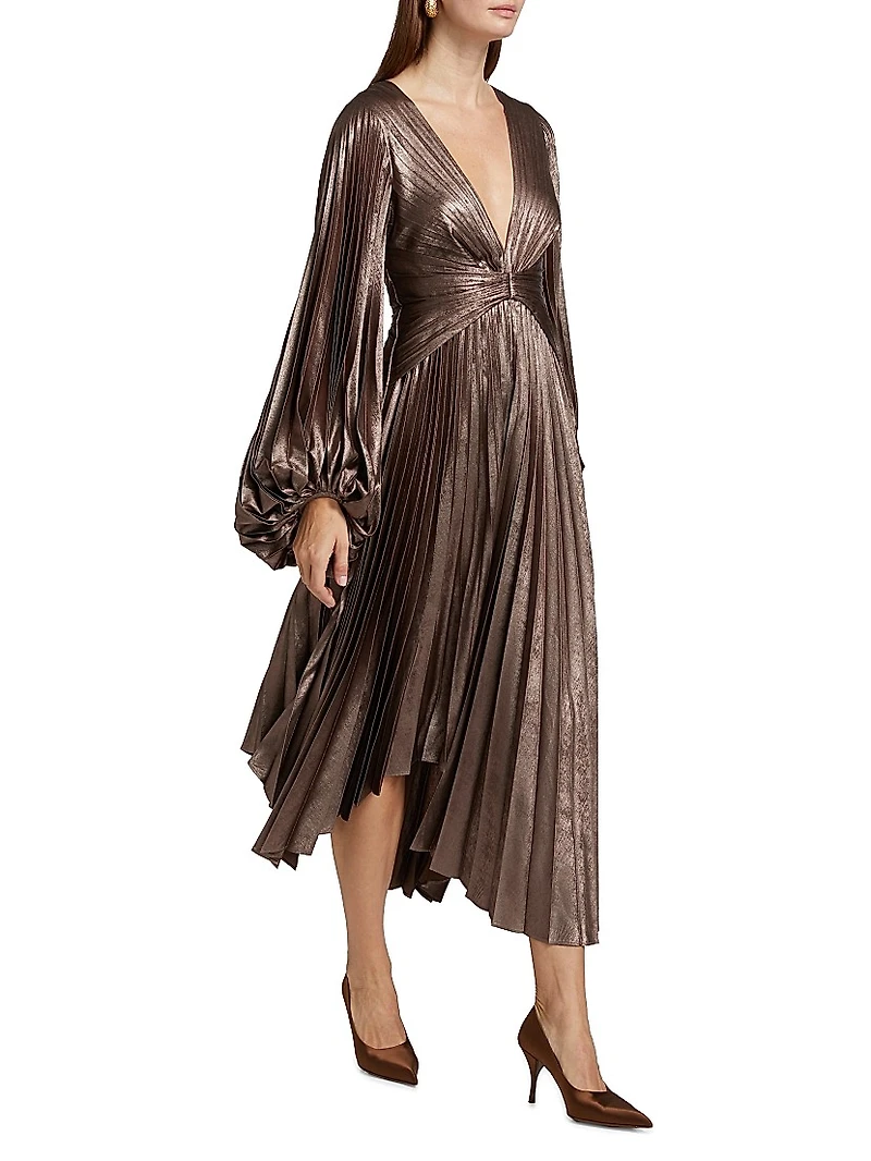 Palms Pleated Satin Midi-Dress