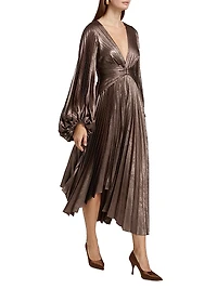 Palms Pleated Satin Midi-Dress