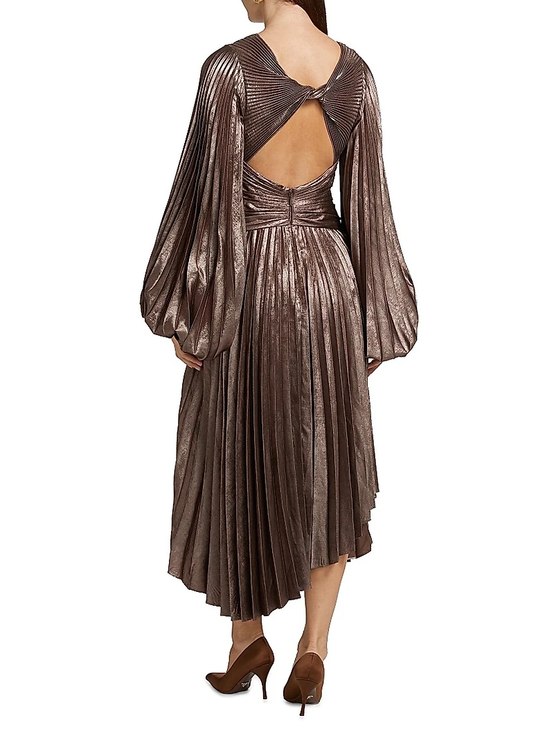 Palms Pleated Satin Midi-Dress