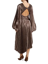 Palms Pleated Satin Midi-Dress