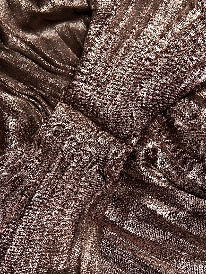 Palms Pleated Satin Midi-Dress