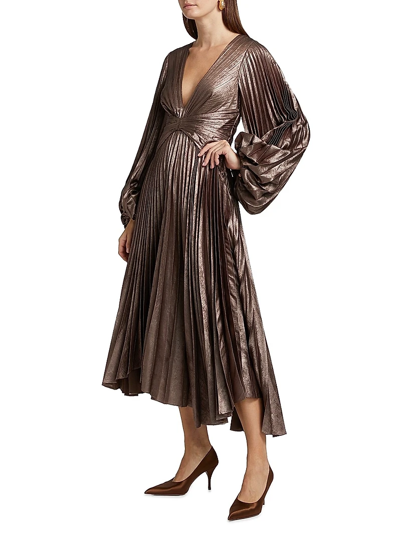 Palms Pleated Satin Midi-Dress