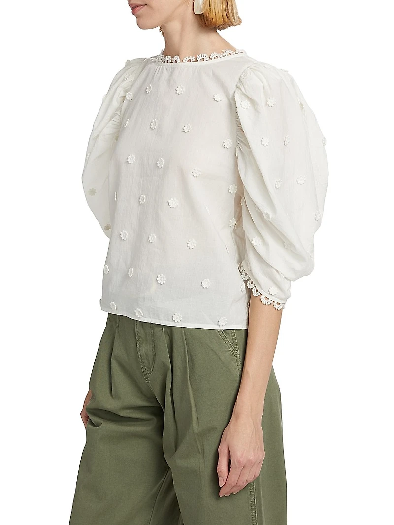 Puff-Sleeve 3D Flowers Blouse
