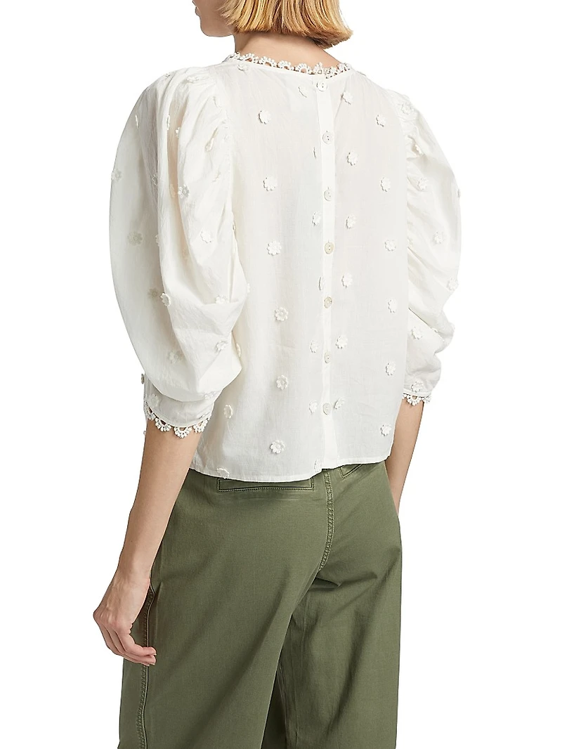 Puff-Sleeve 3D Flowers Blouse