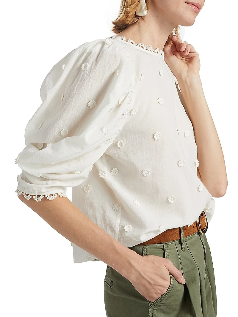 Puff-Sleeve 3D Flowers Blouse