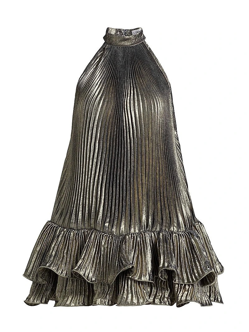 La Fete Soleil Metallic Pleated A-Line Minidress
