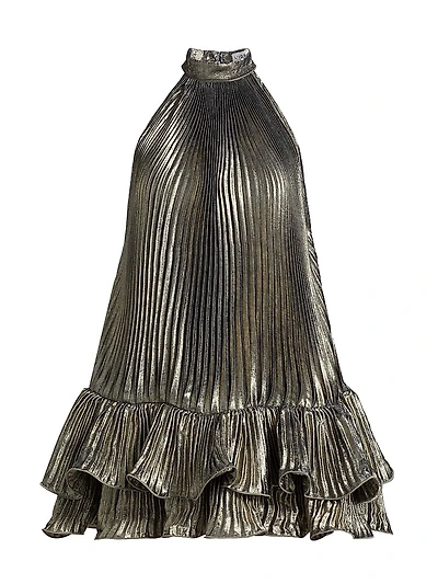 La Fete Soleil Metallic Pleated A-Line Minidress