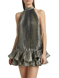 La Fete Soleil Metallic Pleated A-Line Minidress