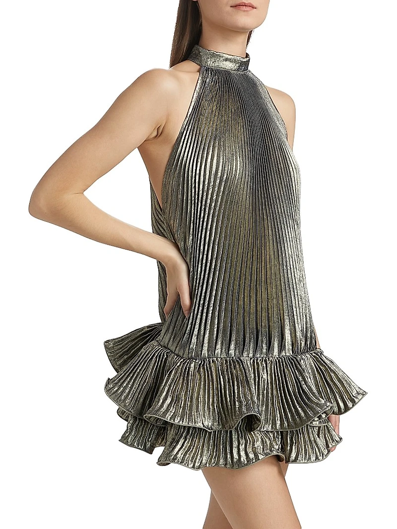 La Fete Soleil Metallic Pleated A-Line Minidress