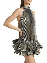 La Fete Soleil Metallic Pleated A-Line Minidress