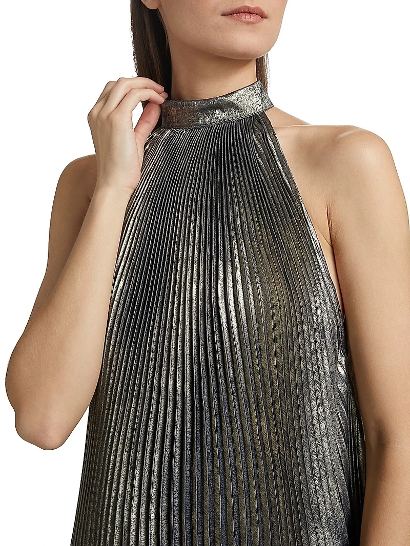 La Fete Soleil Metallic Pleated A-Line Minidress