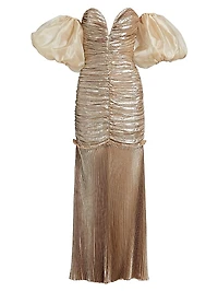 La Fete Parlour Metallic Ruched Balloon-Sleeve Gown