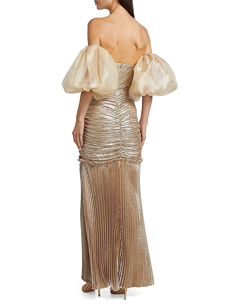 La Fete Parlour Metallic Ruched Balloon-Sleeve Gown