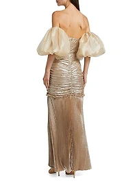 La Fete Parlour Metallic Ruched Balloon-Sleeve Gown