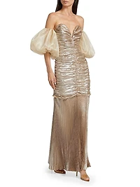 La Fete Parlour Metallic Ruched Balloon-Sleeve Gown