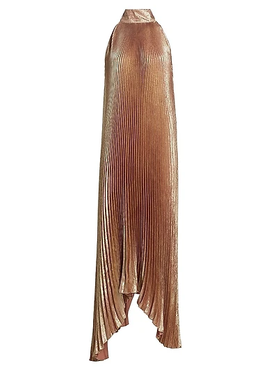 La Fete Olympia Metallic Pleated Halterneck Gown