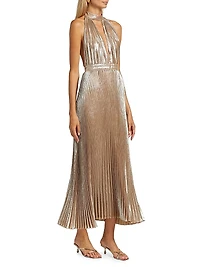 La Fête Chateau Metallic Pleated Halterneck Gown