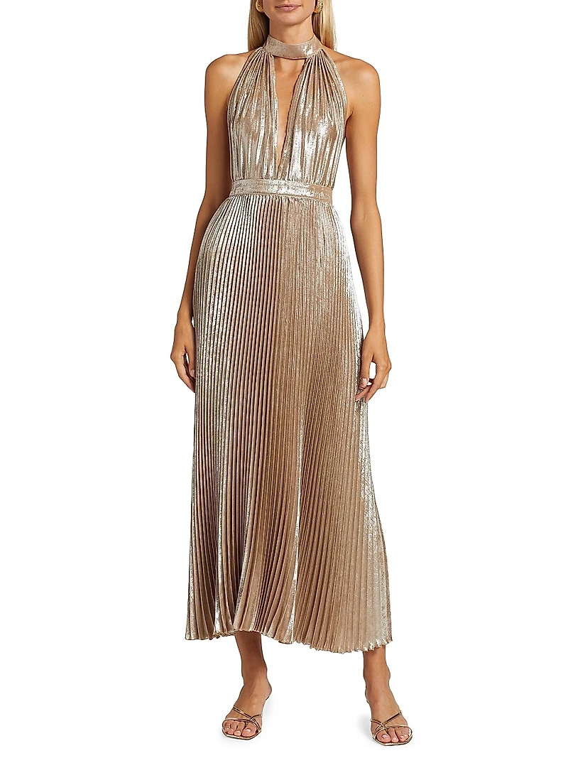 La Fête Chateau Metallic Pleated Halterneck Gown