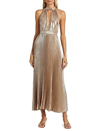 La Fête Chateau Metallic Pleated Halterneck Gown