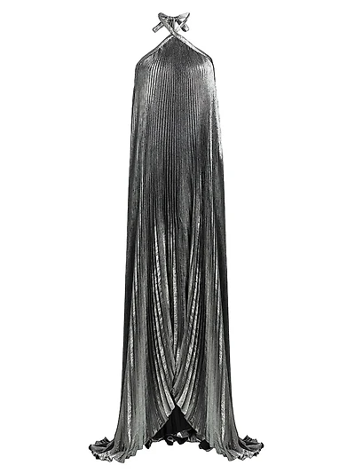 La Fête Déesse Metallic Asymmetric Pleated Halterneck Gown