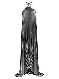 La Fête Déesse Metallic Asymmetric Pleated Halterneck Gown