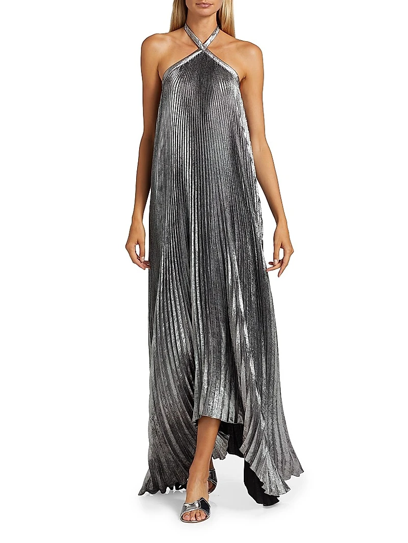 La Fête Déesse Metallic Asymmetric Pleated Halterneck Gown