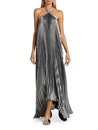 La Fête Déesse Metallic Asymmetric Pleated Halterneck Gown