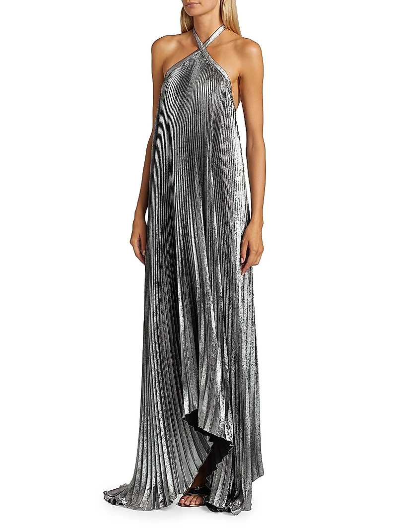 La Fête Déesse Metallic Asymmetric Pleated Halterneck Gown