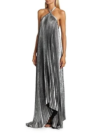 La Fête Déesse Metallic Asymmetric Pleated Halterneck Gown