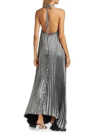 La Fête Déesse Metallic Asymmetric Pleated Halterneck Gown