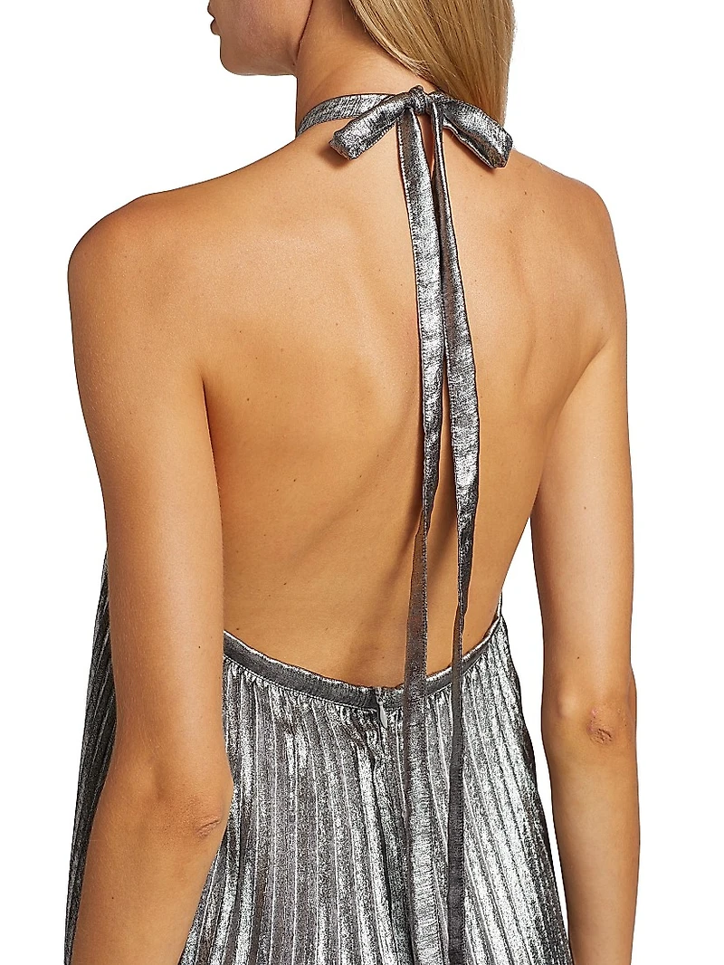 La Fête Déesse Metallic Asymmetric Pleated Halterneck Gown